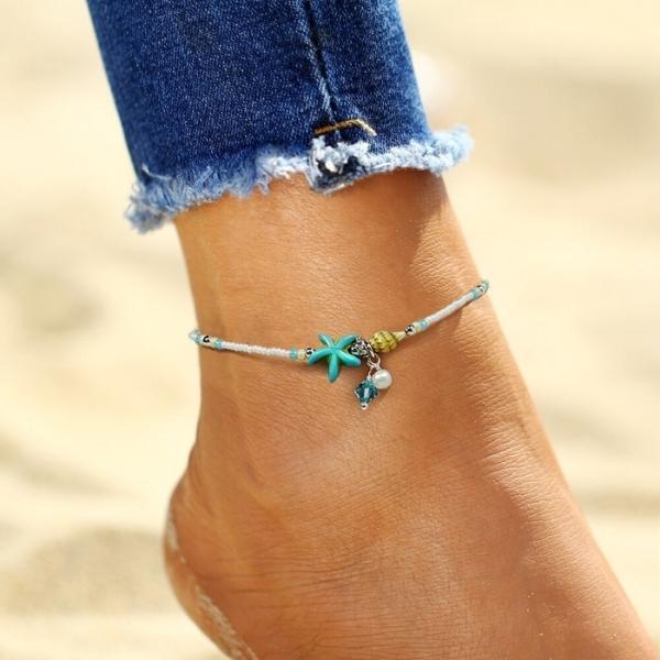 Elegantes tobilleras con diseño de estrella y concha, adornadas con piedras naturales preciosas