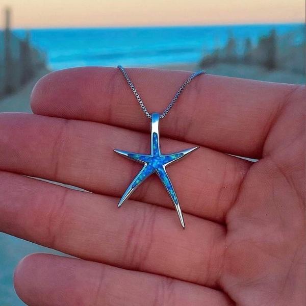 Collar elegante de estrella de mar con ópalos azules y plata de alta calidad