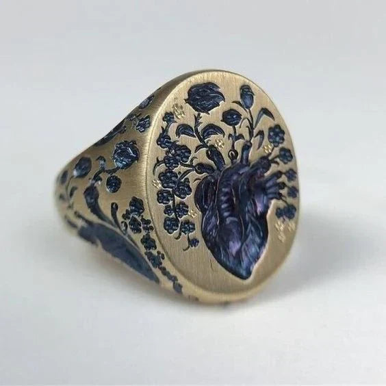 Anillo Dorado de Flores Azules Vintage Elegante