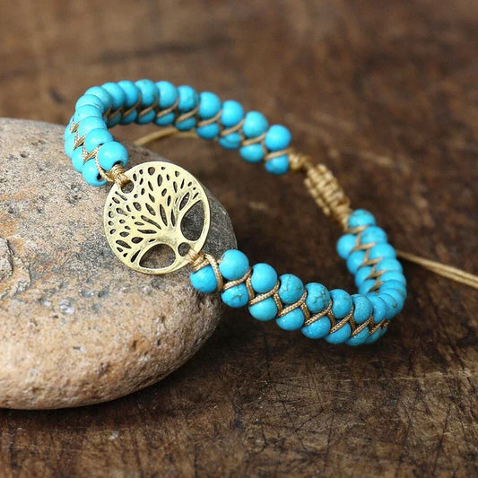 Pulsera handmade con diseño de árbol de la vida y chispas de piedra de turquesa