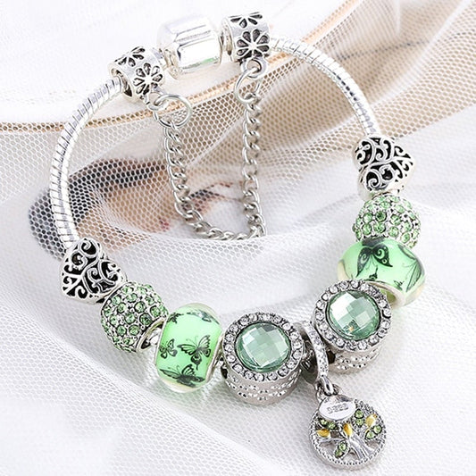 Pulsera elegante de plata de sterling con brillante cristal verde