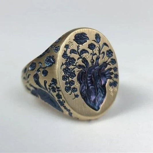 Anillo Dorado de Flores Azules Vintage Elegante