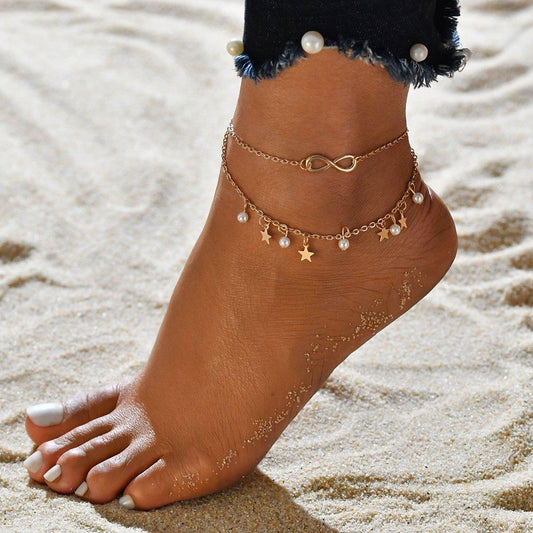 Pulsera de tobillo infinita con perlas brillantes y encantadoras estrellas