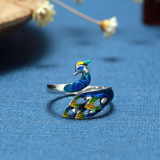 Anillo ajustable elegante de plata de ley con diseño de pavo real pintado a mano